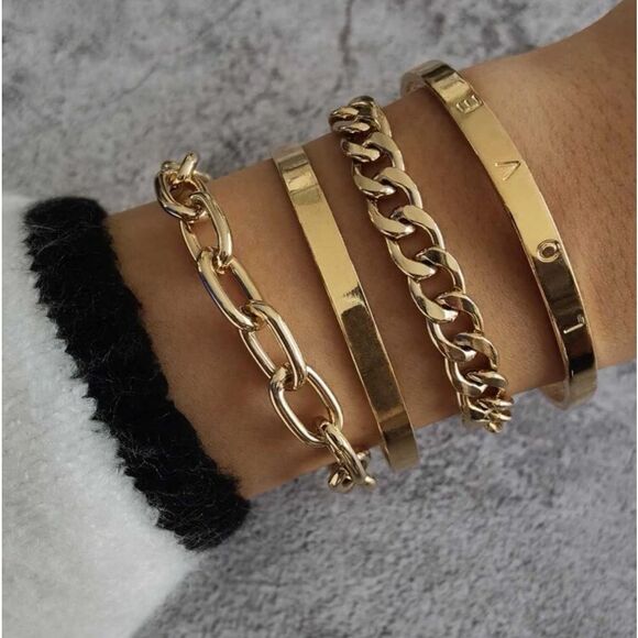 Unisex LOVE Men Women Gold Over Silver Chunky Gold Link Bangle Set - Picture 1 of 13